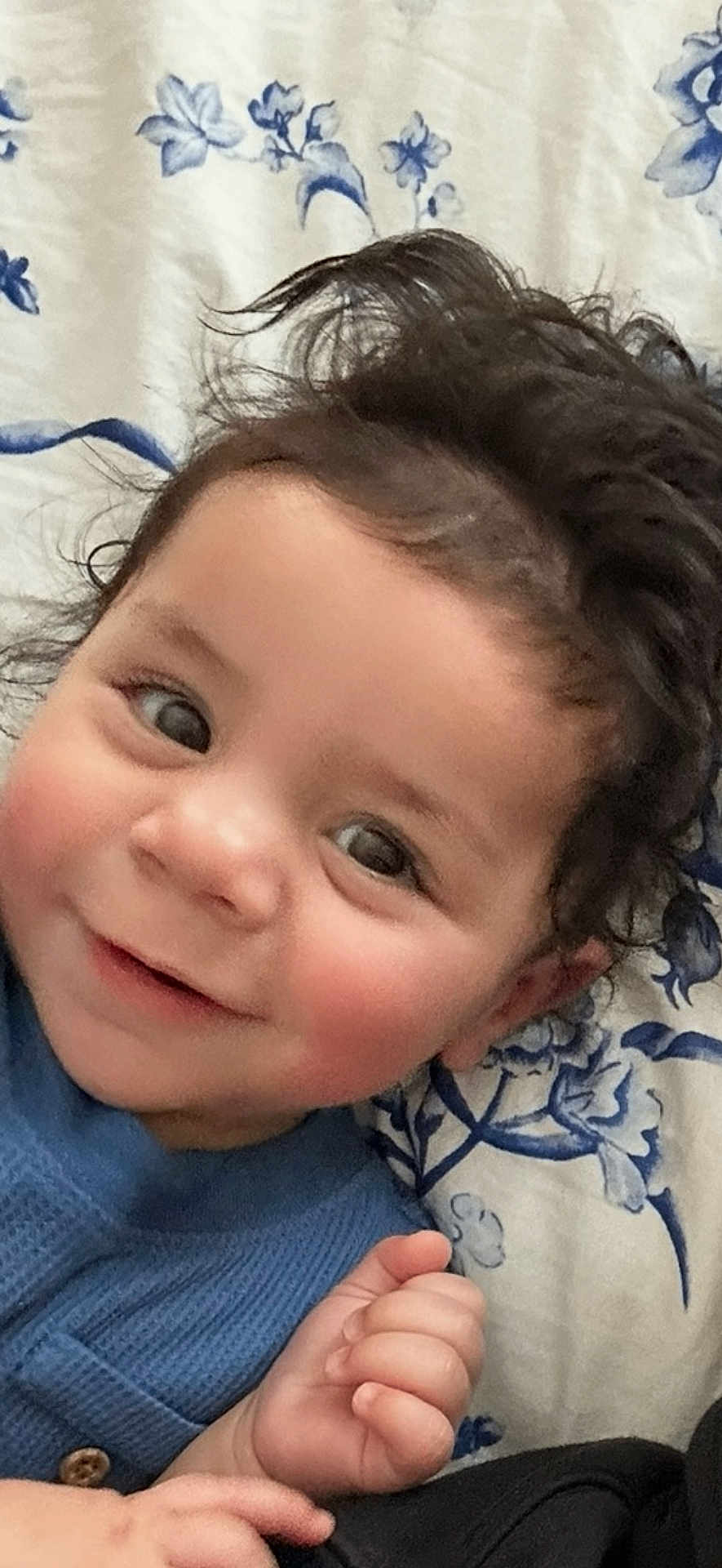 Tristan joined the competition — help win amazing prizes! baby, infant, smiling, curly_hair, dark_hair, cheeks, eyes, hand, blue_clothing, blanket, floral_pattern, portrait, close_up, bed, pillow, cute, skin, happy, playful, lying_down