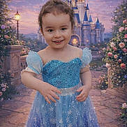 Lyana a rejoint le concours — aidez-le/la à gagner de superbes lots ! child, toddler, princess_dress, blue_gown, castle, moon, stars, night_sky, garden, flowers, smile, portrait, fantasy, fairy_tale, sparkles, outdoor, cute, happy, person, photography