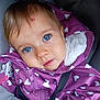Athénays a rejoint le concours — aidez-le/la à gagner de superbes lots ! baby, child, blue_eyes, purple_jacket, heart_pattern, car_seat, close_up, cute, infant, outerwear, zipper, seatbelt, soft_lighting, portrait, looking_up, young, face, head, person, warm_clothing