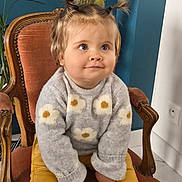 Alba participe au concours pour gagner de l'argent avec cette photo : child, toddler, baby, pigtails, blue_eyes, sweater, daisy_pattern, yellow_pants, vintage_chair, indoor, cactus, plant, portrait, smile, hands, socks, hair, cozy, wall, expression