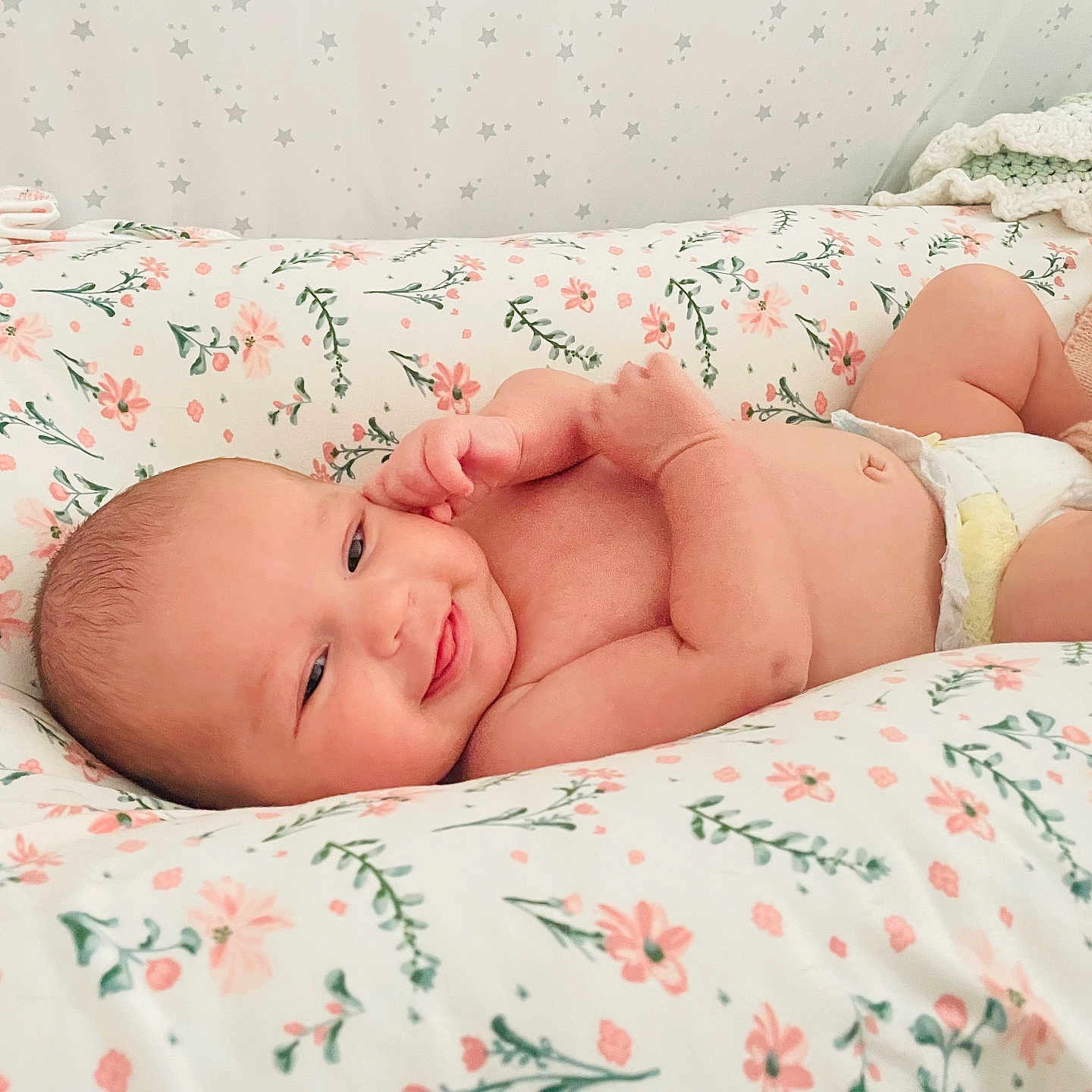 Blakeley is registered to the contest to win money with this photo: baby, bed, bedroom, blanket, crib, cushion, diaper, face, furniture, happy, head, homedecor, indoors, infantbed, newborn, person, photography, portrait, quilt, room