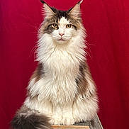Ivar participe au concours pour gagner de l'argent avec cette photo : cat, fluffy, long_hair, sitting, tail, ears, whiskers, ladder, wood, red_background, pet, feline, portrait, indoor, animal, cute, fur, face, eyes, majestic