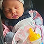 baby, sleeping, car_seat, blanket, bottle, mittens, hat, infant, cute, child, face, headwear, cozy, peaceful, newborn, portrait, child_seat, pink, yellow, soft