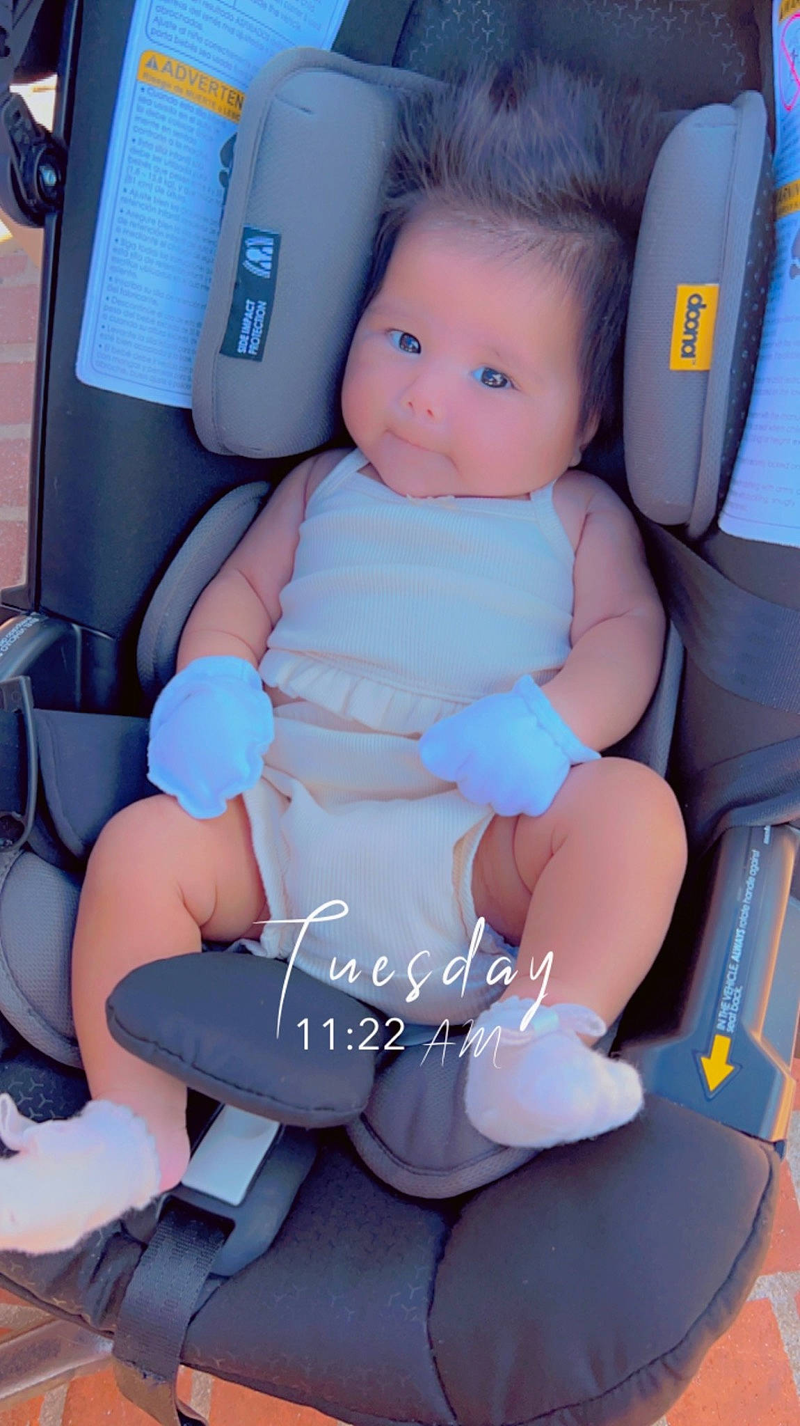 Reina joined the competition — help win amazing prizes! auto_part, baby, baby_products, baby_toddler_clothing, blue, car_seat, child, comfort, electric_blue, human_leg, joint, knee, lap, leg, person, product, sitting, thigh, thumb, toddler