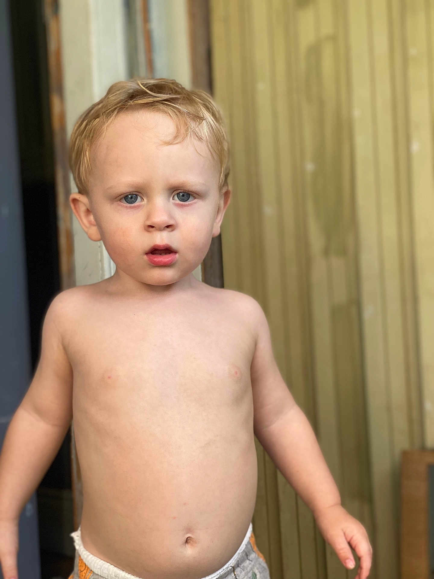 Trevor is registered to the contest to win money with this photo: toddler, child, shirtless, blonde_hair, blue_eyes, curious, standing, indoors, door, wooden_wall, skin, young_child, portrait, expression, casual, natural_light, human, person, face, bare_chest