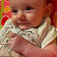 Alora joined the competition — help win amazing prizes! arm, baby, background_pattern, cheek, closeup, clothing, cute, eyelashes, eyes, face, floral_pattern, forehead, hand, infant, newborn, onesie, pink, portrait, skin, smile