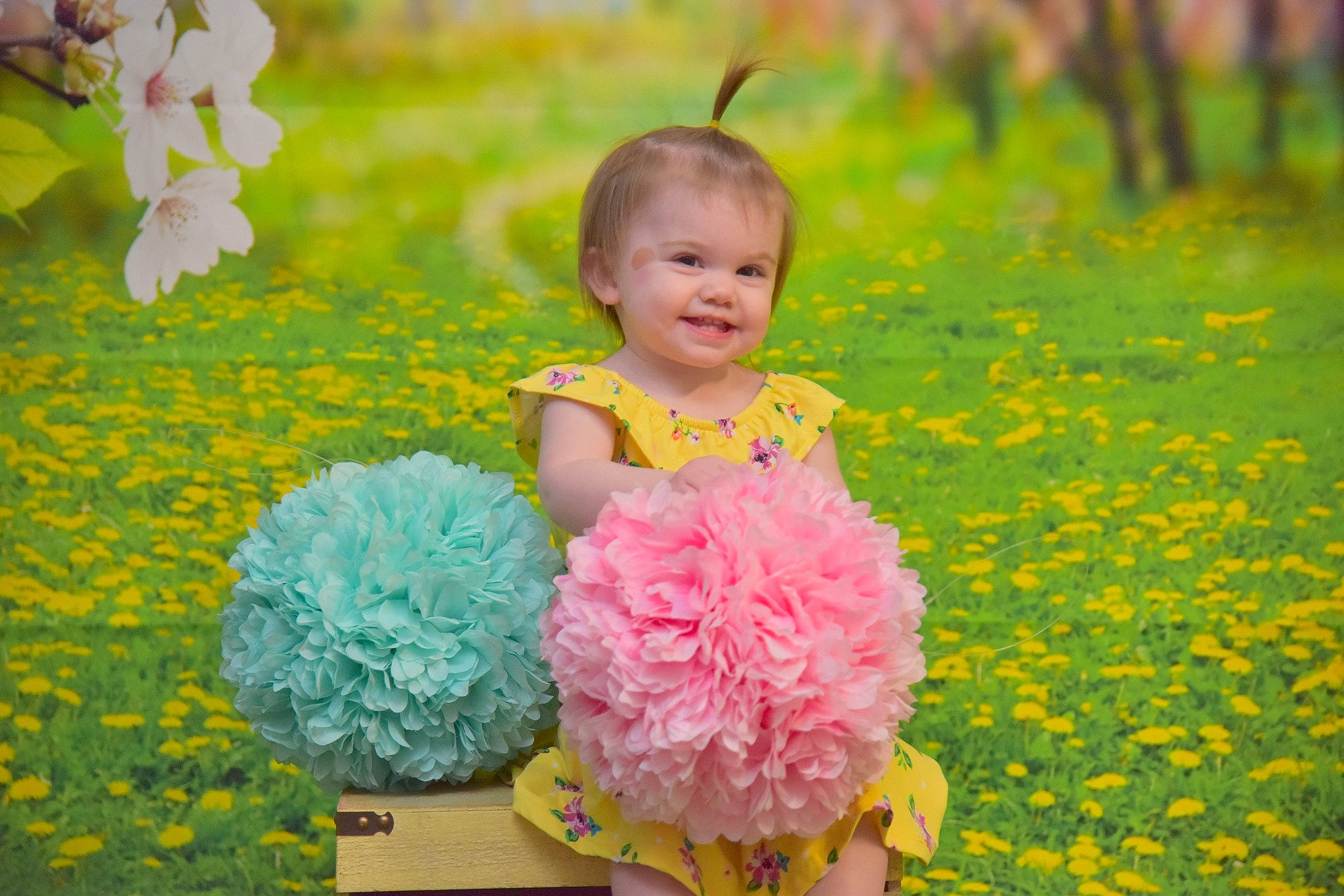 Brooklyn is registered to the contest to win money with this photo: baby_toddler_clothing, child, flower, grass, happy, hydrangea, joy, person, petal, pink, plant, smile, spring, toddler, yellow