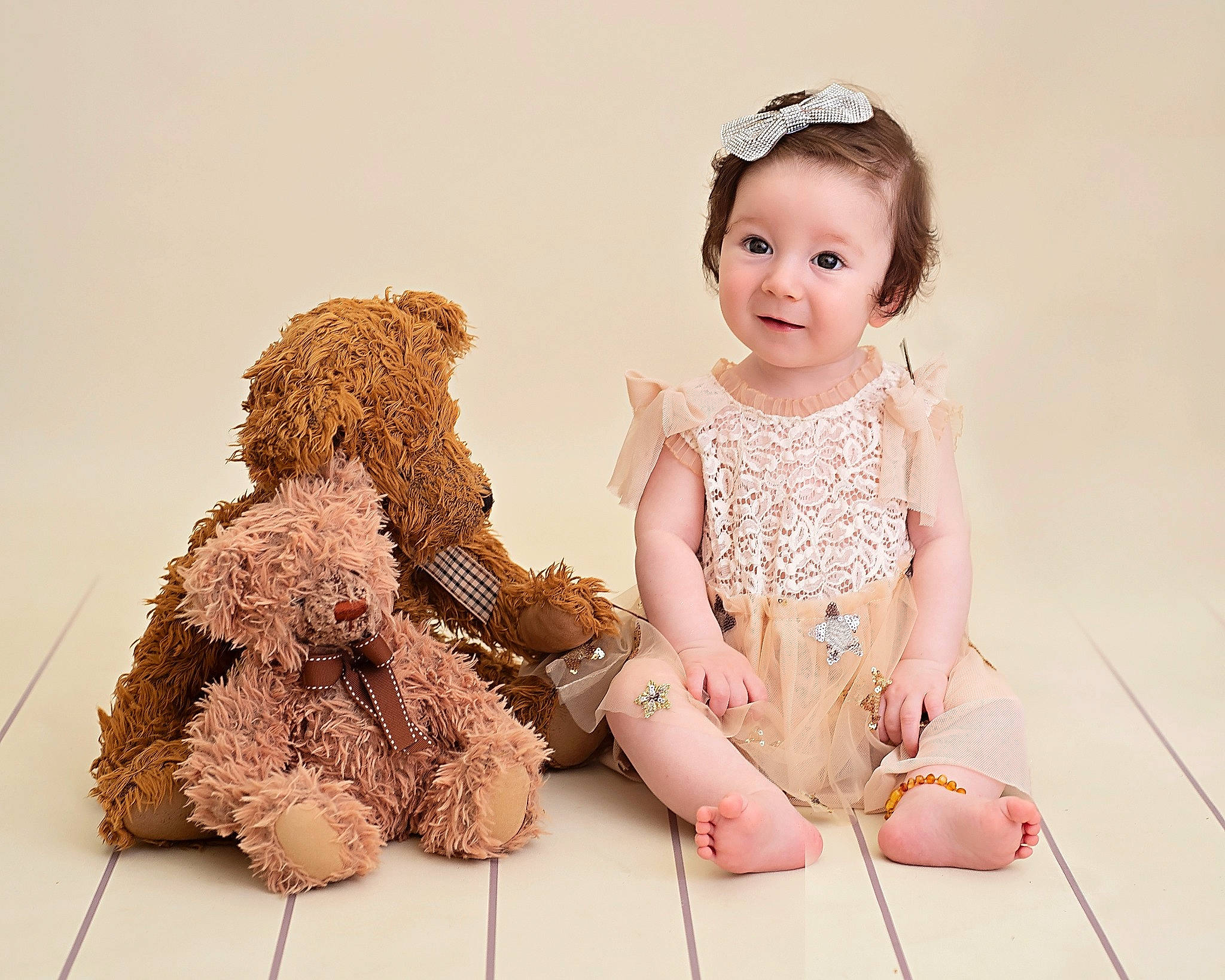 Olivia Grace is registered to the contest to win money with this photo: baby, child, child_model, dress, ear, fur, person, sitting, stuffed_toy, teddy_bear, toddler, toy