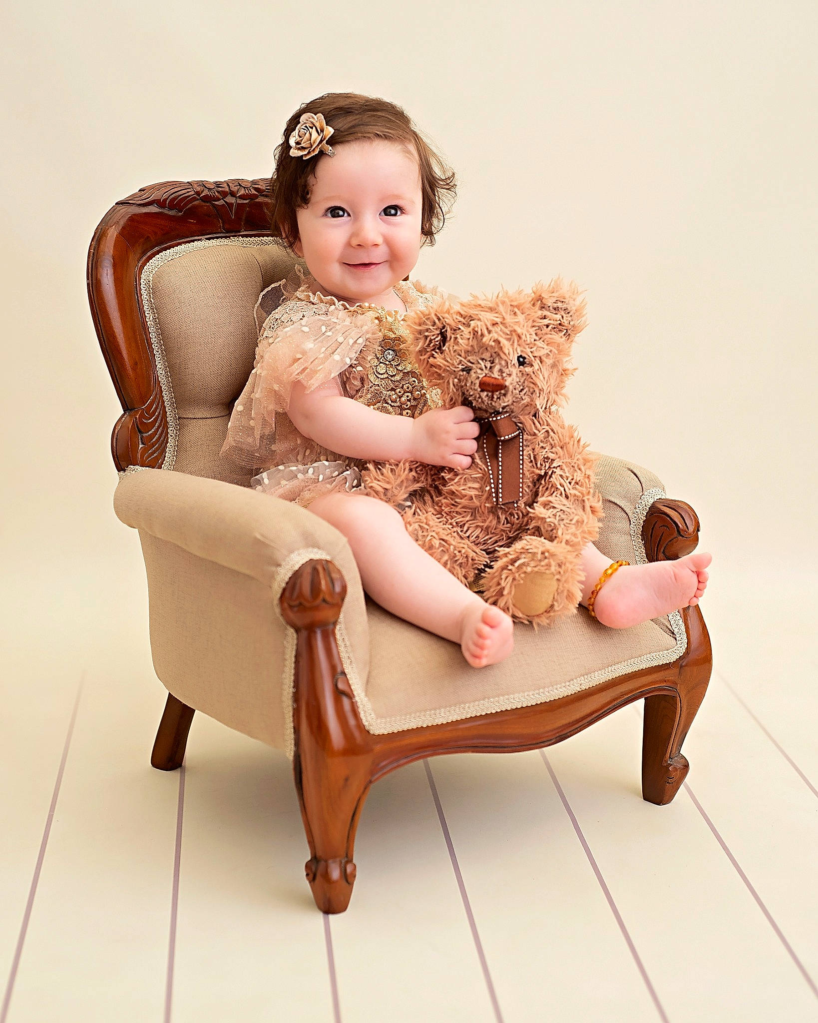 Olivia Grace joined the competition — help win amazing prizes! canidae, chair, child, comfort, companion_dog, fawn, fur, furniture, joy, leg, person, sitting, teddy_bear, toddler
