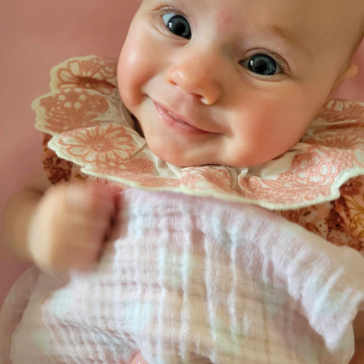 Lennon joined the competition — help win amazing prizes! baby, bodypart, bonnet, clothing, dress, face, finger, hand, happy, hat, head, homedecor, knitwear, linen, mouth, newborn, person, photography, portrait, smile