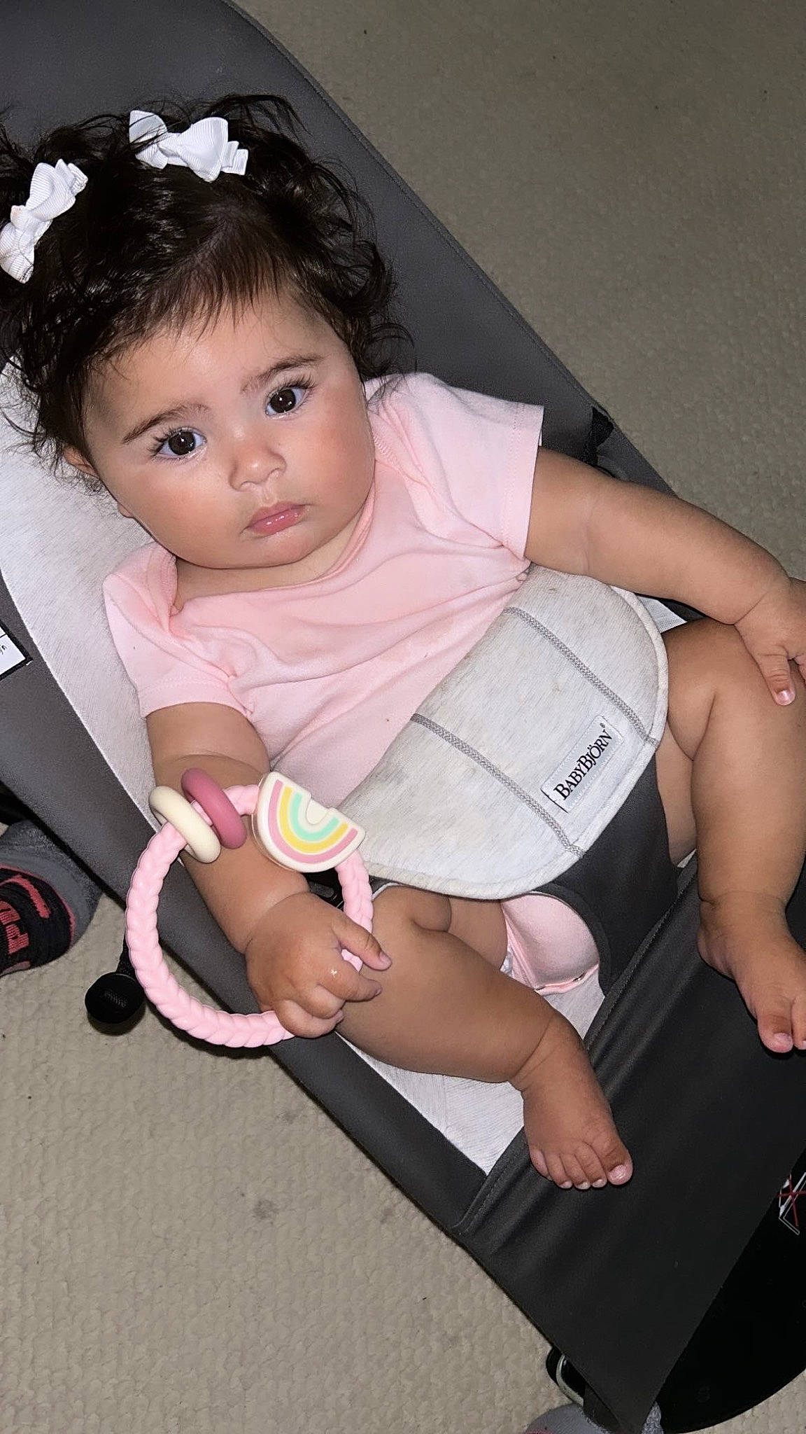 Daphne is registered to the contest to win money with this photo: baby, baby_products, baby_toddler_clothing, cheek, child, eyelash, face, finger, flash_photography, foot, fun, happy, headband, human_leg, person, pink, sitting, skin, thigh, tiara