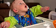 Jaxson joined the competition — help win amazing prizes! baby, infant, high_chair, bib, messy, meal_time, food_on_tray, surprised, looking_up, home_interior, living_room, couch, bowl, orange_bowl, plastic_tray, green_sleeves, portrait, cute, feeding, puree