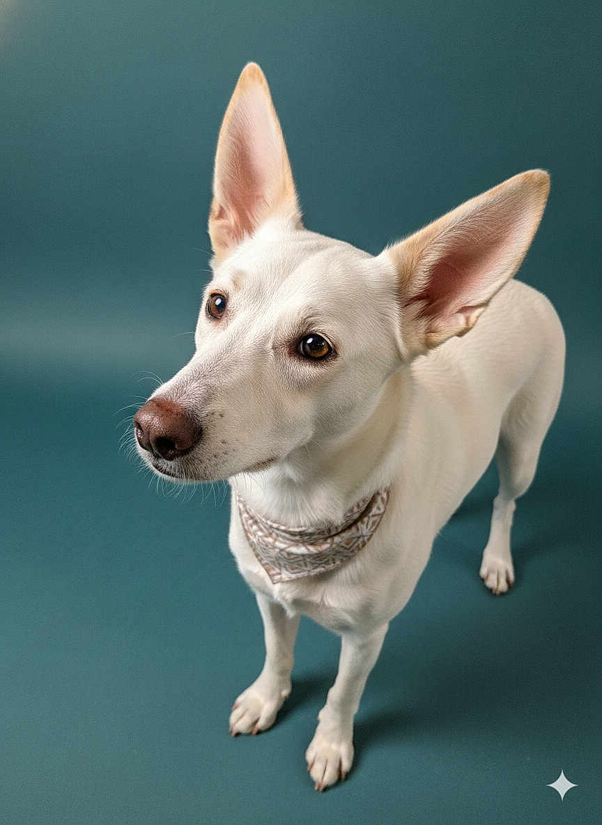 Vaya participe au concours pour gagner de l'argent avec cette photo : dog, white_dog, bandana, pet, animal, ears, curious, studio, portrait, standing, looking_up, canine, mammal, domestic_animal, fur, eyes, snout, paws, background, alert