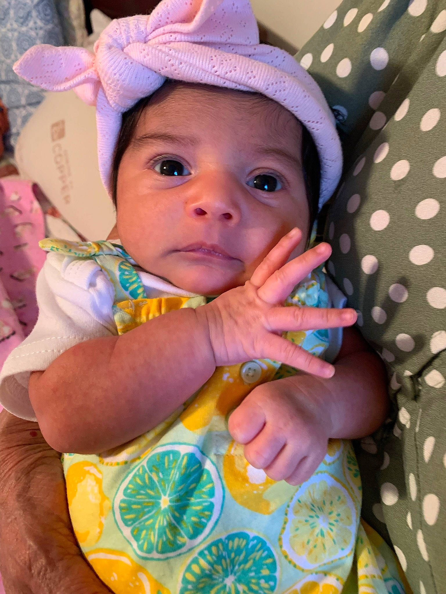 Millannii joined the competition — help win amazing prizes! baby, baby_products, baby_toddler_clothing, cap, cheek, child, citrus, eye, face, green, happy, hat, headwear, iris, lip, nail, pattern, person, pink, skin