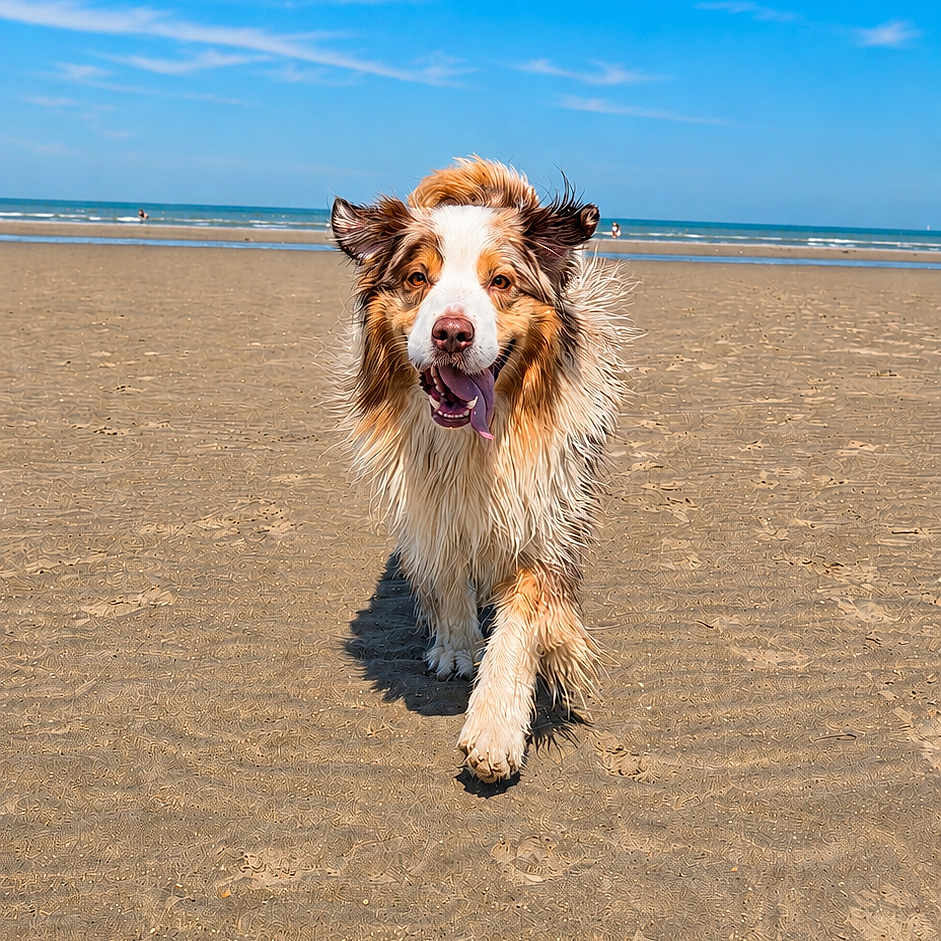 Rider a rejoint le concours — aidez-le/la à gagner de superbes lots ! animal, beach, beach_day, blue_sky, border_collie, dog, floppy_ears, happy, long_hair, ocean, open_mouth, outdoor, pet, running, sand, shoreline, standing, sunny, tongue, waves