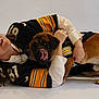 woman, dog, glasses, hugging, sports_jersey, playful, lying_down, tongue_out, pet, casual, indoor, brown_dog, happy, smiling, matching_clothes, white_background, portrait, friendship, affection, candid
