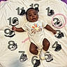 Leilani is registered to the contest to win money with this photo: arms, baby, blanket, child, clock_design, cute, fabric, footwear, happy, head, indoors, infant, legs, lying_down, numbers, onesie, portrait, purple_rug, smiling, sneakers