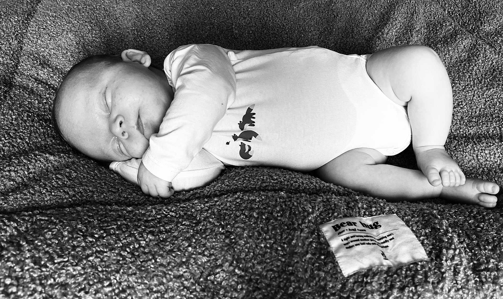 Léo participe au concours pour gagner de l'argent avec cette photo : baby, sleeping, blanket, onesie, infant, peaceful, texture, fabric, foot, hand, face, couch, cozy, rest, black_and_white, portrait, cute, child, soft, relaxation