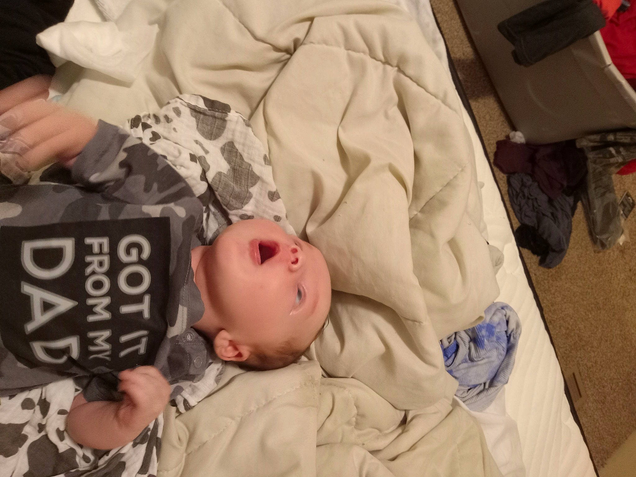 Colten is registered to the contest to win money with this photo: baby, baby_products, baby_toddler_clothing, bag, bedtime, child, comfort, eyelash, hat, linens, luggage_and_bags, nap, pattern, person, room, sleep, sleeve, toddler