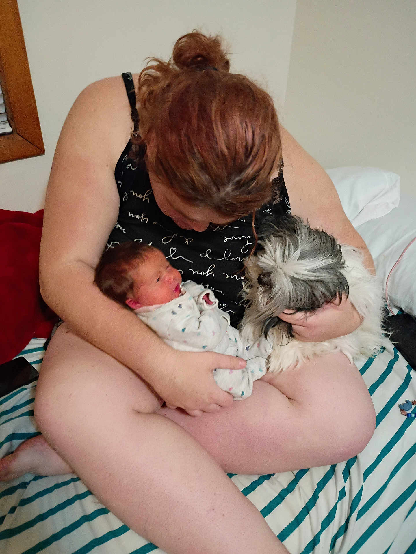 Bella joined the competition — help win amazing prizes! baby, person, newborn, dog, pet, bed, striped_bedding, indoor, holding, hair, skin, clothing, window, pillow, hand, face, cuddling, relaxed, home, casual