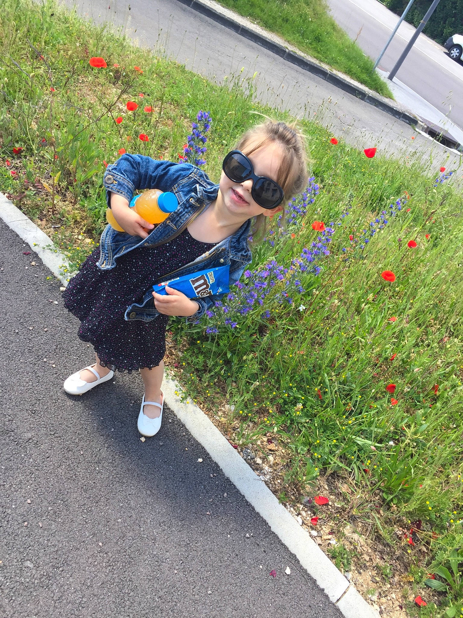 Kayline participe au concours pour gagner de l'argent avec cette photo : asphalt, child, dress, electric_blue, eyewear, flower, garden, glasses, grass, joy, leaf, person, plant, play, recreation, shrub, summer, sunglasses, t_shirt, toddler