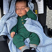 Ares is registered to the contest to win money with this photo: baby, sleeping, blanket, car_seat, green_onesie, dinosaur_print, socks, nike, infant, child, peaceful, cozy, portrait, cuddly, cute, resting, indoor, soft_texture, clothing, safety_warnings