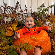 Théa a rejoint le concours — aidez-le/la à gagner de superbes lots ! baby, pumpkin, orange_clothing, smiling, autumn_leaves, ferns, fall, cute, holiday, hollow_pumpkin, child, nature, seasonal, indoor, portrait, happy, legs, feet, festive, costume
