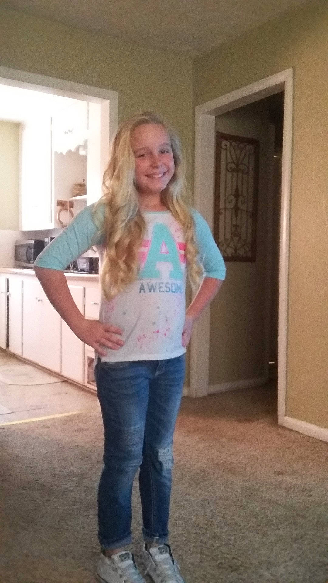 Brenna joined the competition — help win amazing prizes! blond, blue, clothing, day, denim, footwear, girl, hair, human_body, human_hair_color, jeans, joint, joy, outerwear, person, shoulder, snapshot, standing, t_shirt, textile