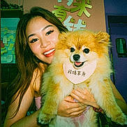 Milky Loo is registered to the contest to win money with this photo: casual, colorful, cute, dog, face, friendship, furry, hair, happy, holding, indoor, love, pet, pomeranian, portrait, smiling, sticky_notes, wall_art, woman, young_adult