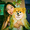 casual, colorful, cute, dog, face, friendship, furry, hair, happy, holding, indoor, love, pet, pomeranian, portrait, smiling, sticky_notes, wall_art, woman, young_adult