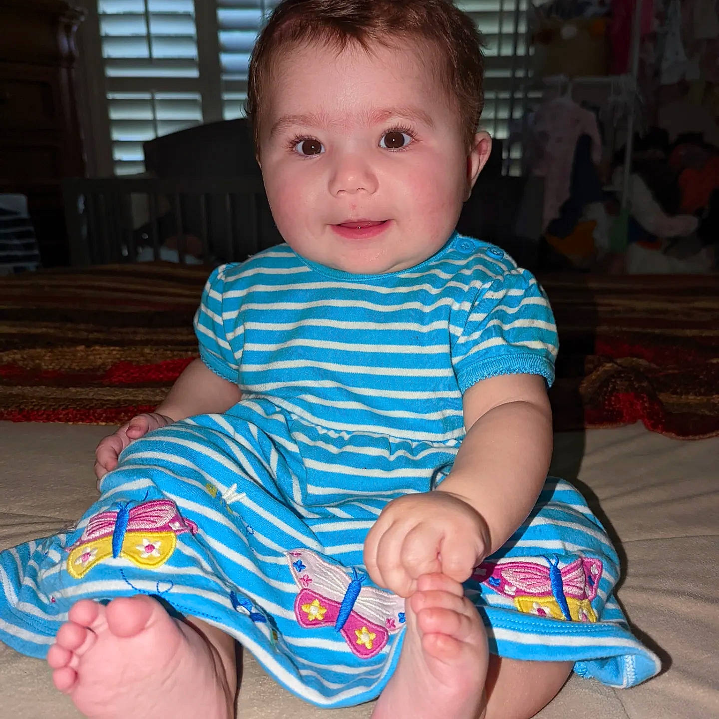 Piper joined the competition — help win amazing prizes! baby_toddler_clothing, cheek, child, chin, electric_blue, eye, finger, hairstyle, happy, head, human_leg, iris, nail, pattern, person, skin, sleeve, smile, thigh, thumb