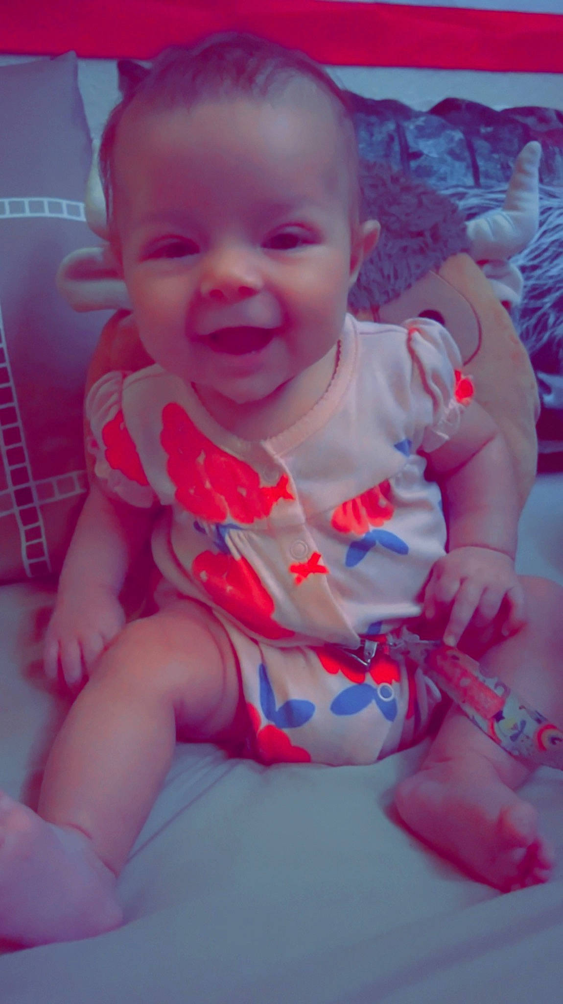 Kinsley Ann is registered to the contest to win money with this photo: arm, baby, baby_toddler_clothing, cheek, child, finger, fun, happy, iris, magenta, mouth, nail, nose, pattern, person, pink, skin, sleeve, smile, thumb