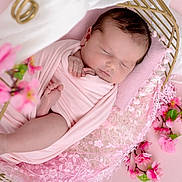 Rosemarie a rejoint le concours — aidez-le/la à gagner de superbes lots ! newborn, baby, sleeping, pink, swaddled, basket, flower, blossom, lace, soft_texture, peaceful, infant, portrait, cute, delicate, resting, head, hand, foot, blanket