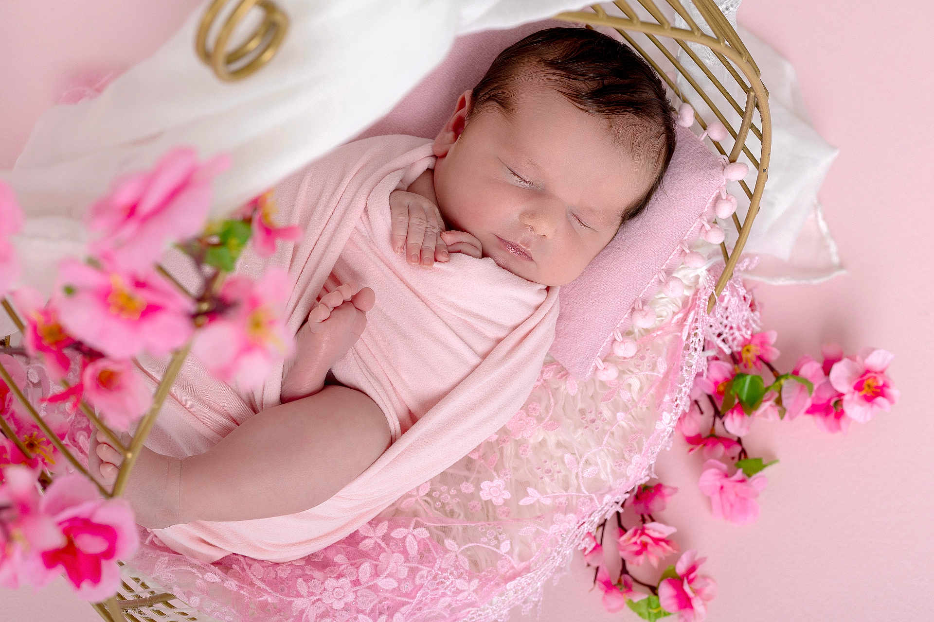 Rosemarie a rejoint le concours — aidez-le/la à gagner de superbes lots ! newborn, baby, sleeping, pink, swaddled, basket, flower, blossom, lace, soft_texture, peaceful, infant, portrait, cute, delicate, resting, head, hand, foot, blanket