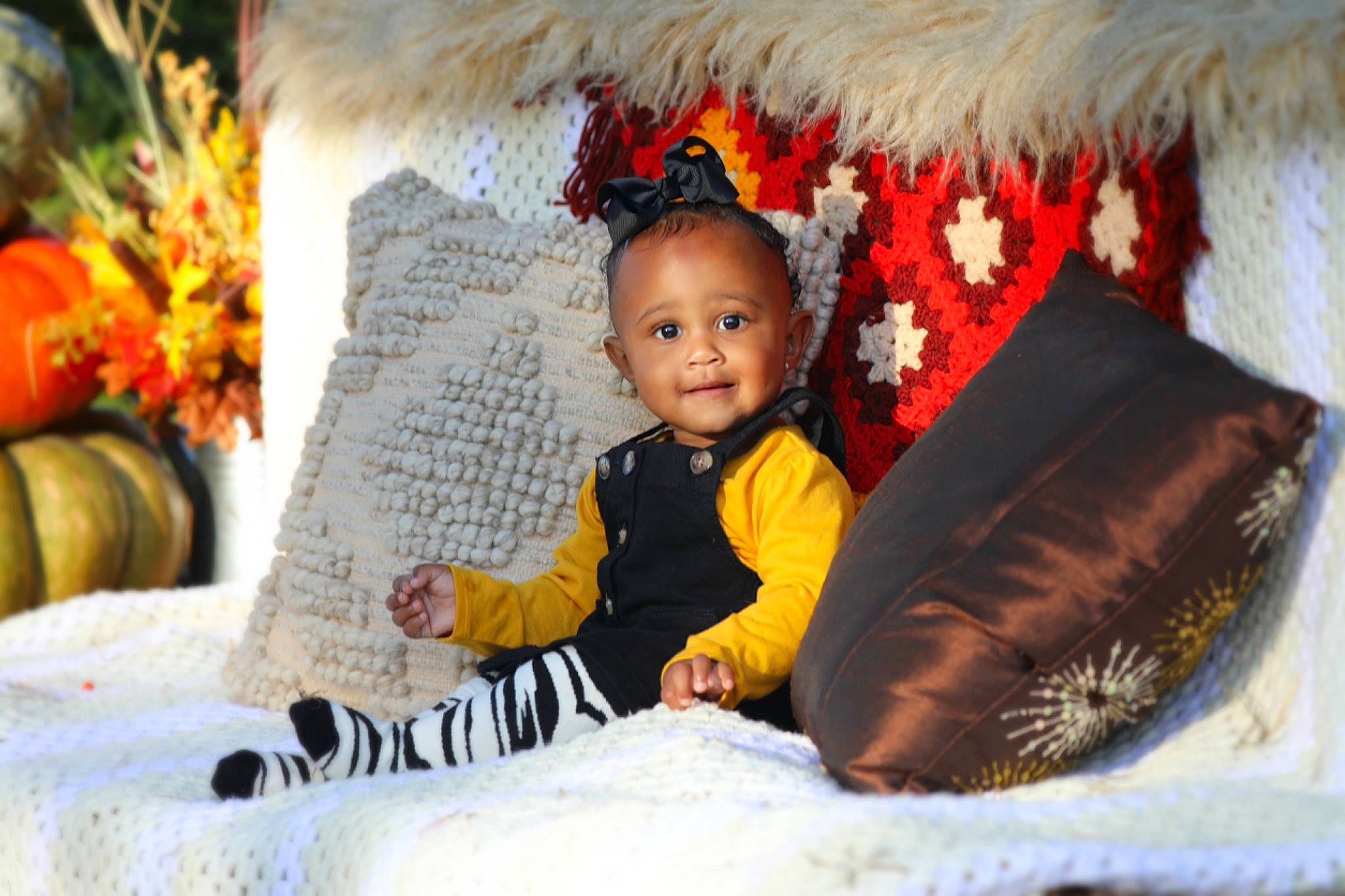 Ava joined the competition — help win amazing prizes! baby, baby_toddler_clothing, child, comfort, dress, event, facial_expression, fashion, fun, grass, happy, human, joy, leaf, leisure, orange, person, sitting, smile, textile