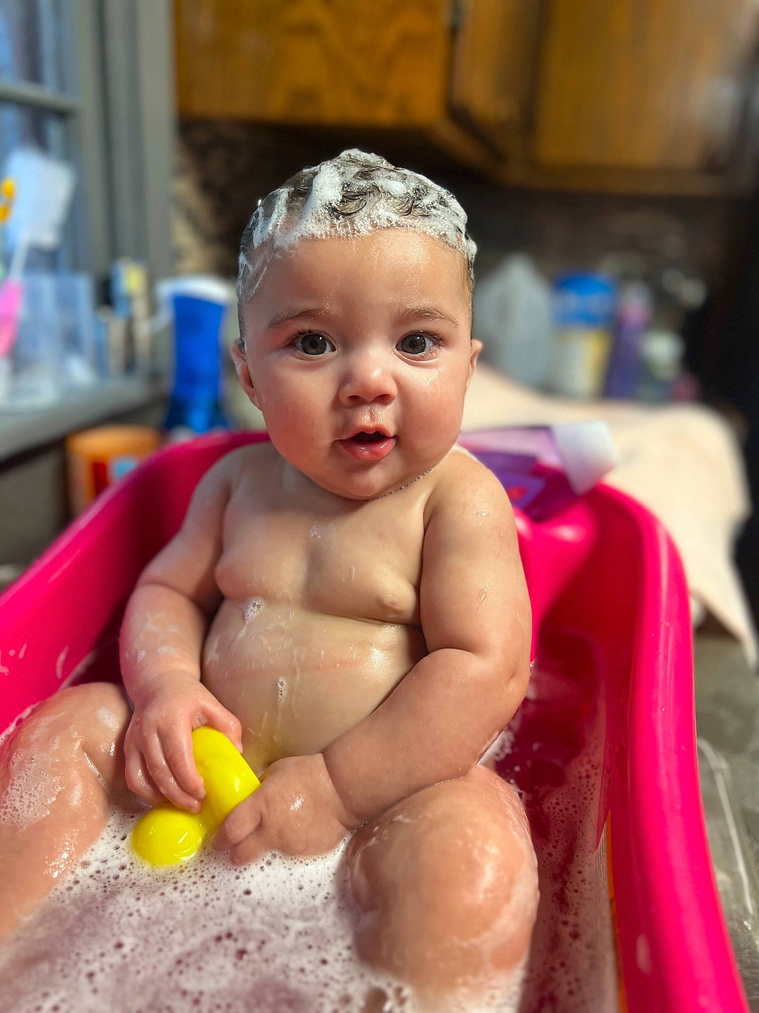Adalyn joined the competition — help win amazing prizes! baby, baby_bathing, baby_products, barechested, bathing, bathroom, bathtub, chest, child, face, finger, foam, fun, happy, headband, leisure, person, plumbing, plumbing_fixture, toddler