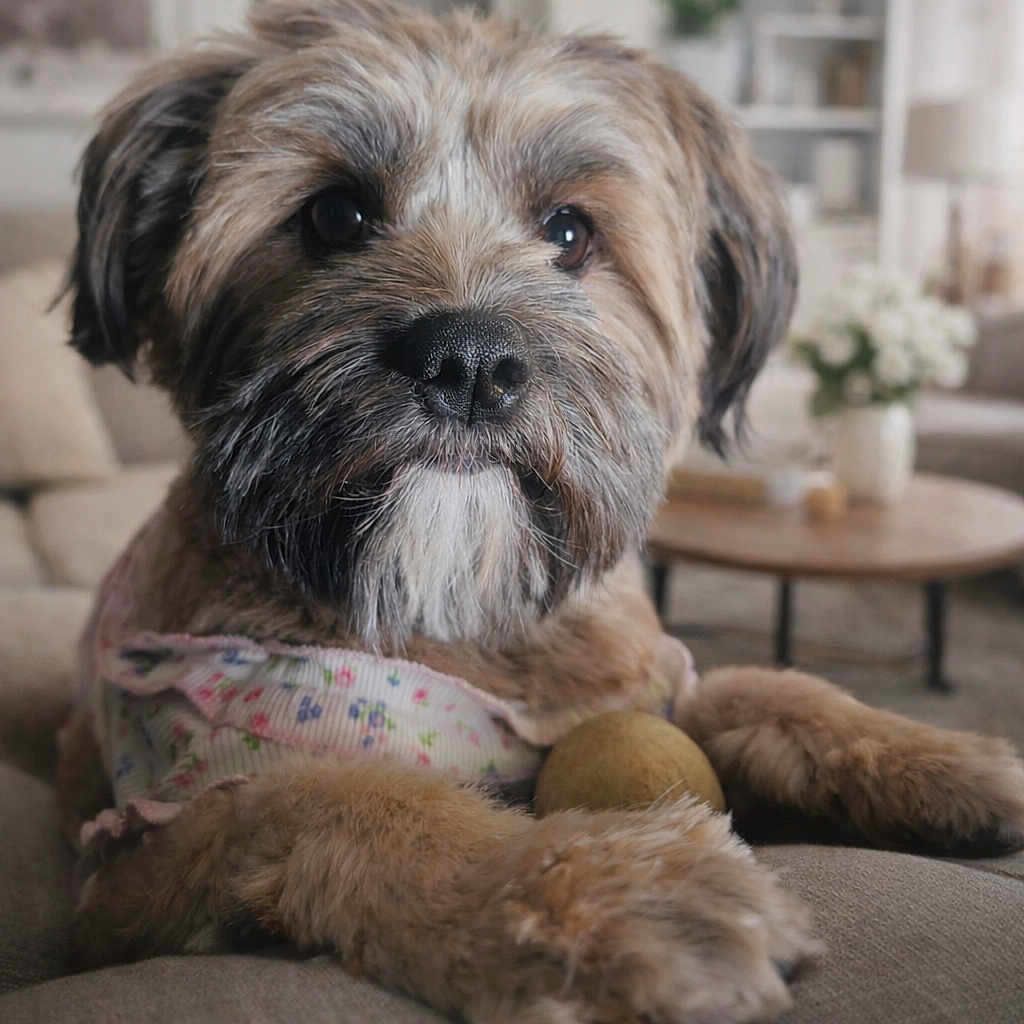 Kiara joined the competition — help win amazing prizes! dog, pet, close_up, portrait, tennis_ball, couch, living_room, floral_bandana, paw, fur, whiskers, nose, snout, muzzle, eyes, indoor, blurred_background, coffee_table, vase, cozy
