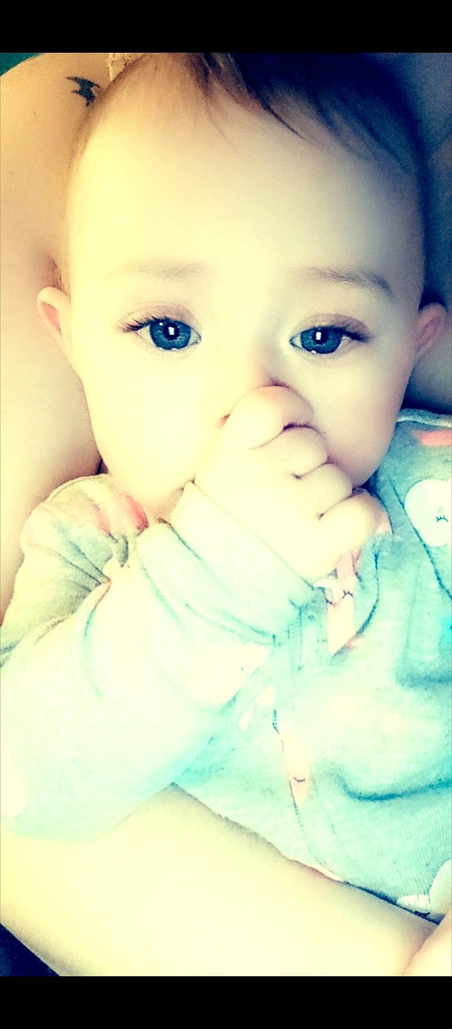 Veronica joined the competition — help win amazing prizes! azure, baby, baby_toddler_clothing, blue, cheek, drinkware, eyelash, flash_photography, gesture, happy, iris, lip, mouth, neck, nose, person, skin, sleeve, sweetness, tableware