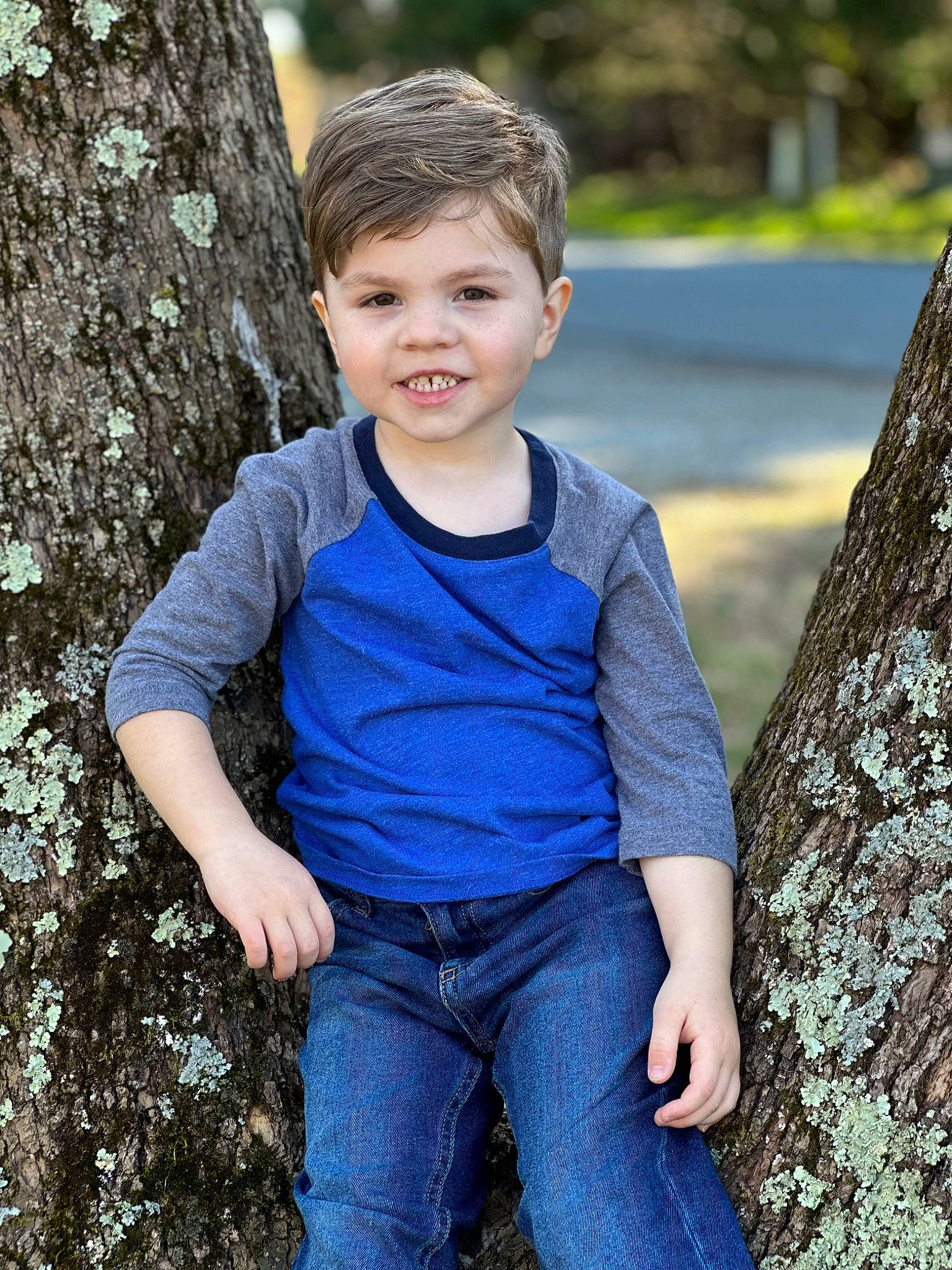 Kayson joined the competition — help win amazing prizes! arm, clothing, cool, eye, flash_photography, grass, happy, jeans, joy, leisure, people_in_nature, person, plant, shoulder, skin, standing, sunlight, t_shirt, toddler, tree