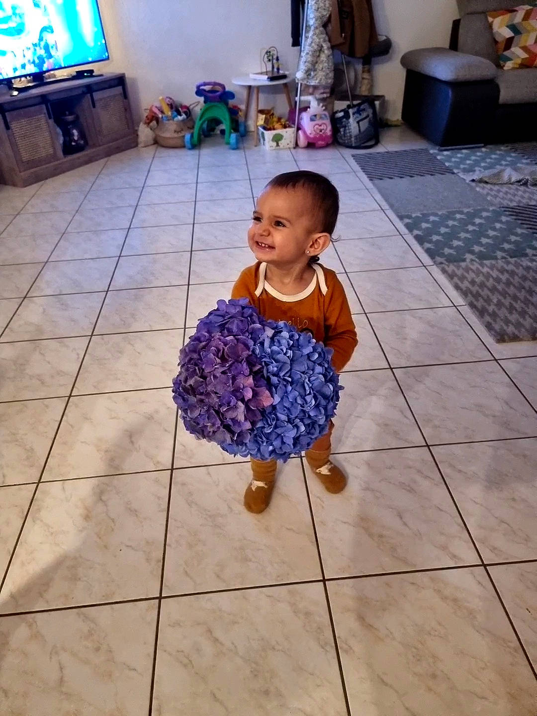 élaïs participe au concours pour gagner de l'argent avec cette photo : baby_toddler_clothing, black, blue, child, electric_blue, event, fashion, floor, flooring, fun, hand, happy, hardwood, human_leg, joy, leisure, person, purple, sandal, television