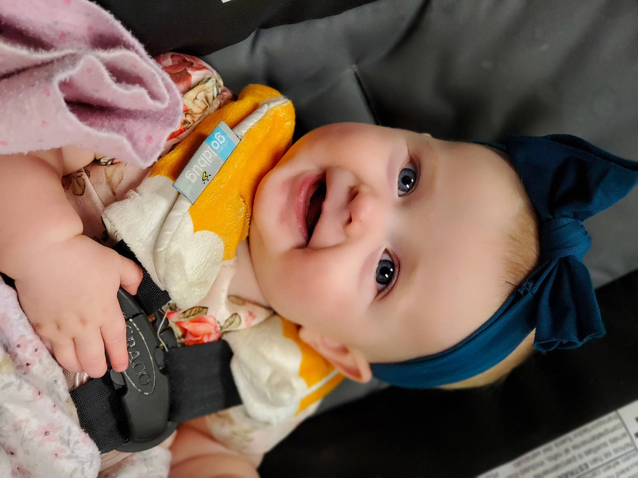 Leila is registered to the contest to win money with this photo: baby, baby_products, baby_toddler_clothing, cheek, child, comfort, electric_blue, eyebrow, eyelash, happy, hat, headgear, headwear, iris, joy, lip, mouth, nose, person, product