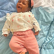 Kaiza joined the competition — help win amazing prizes! baby, infant, smiling, pink_bow, white_top, pink_pants, blanket, lying_down, happy, child, cute, soft_texture, indoor, portrait, clothing, headband, foot, hand, face, baby_girl