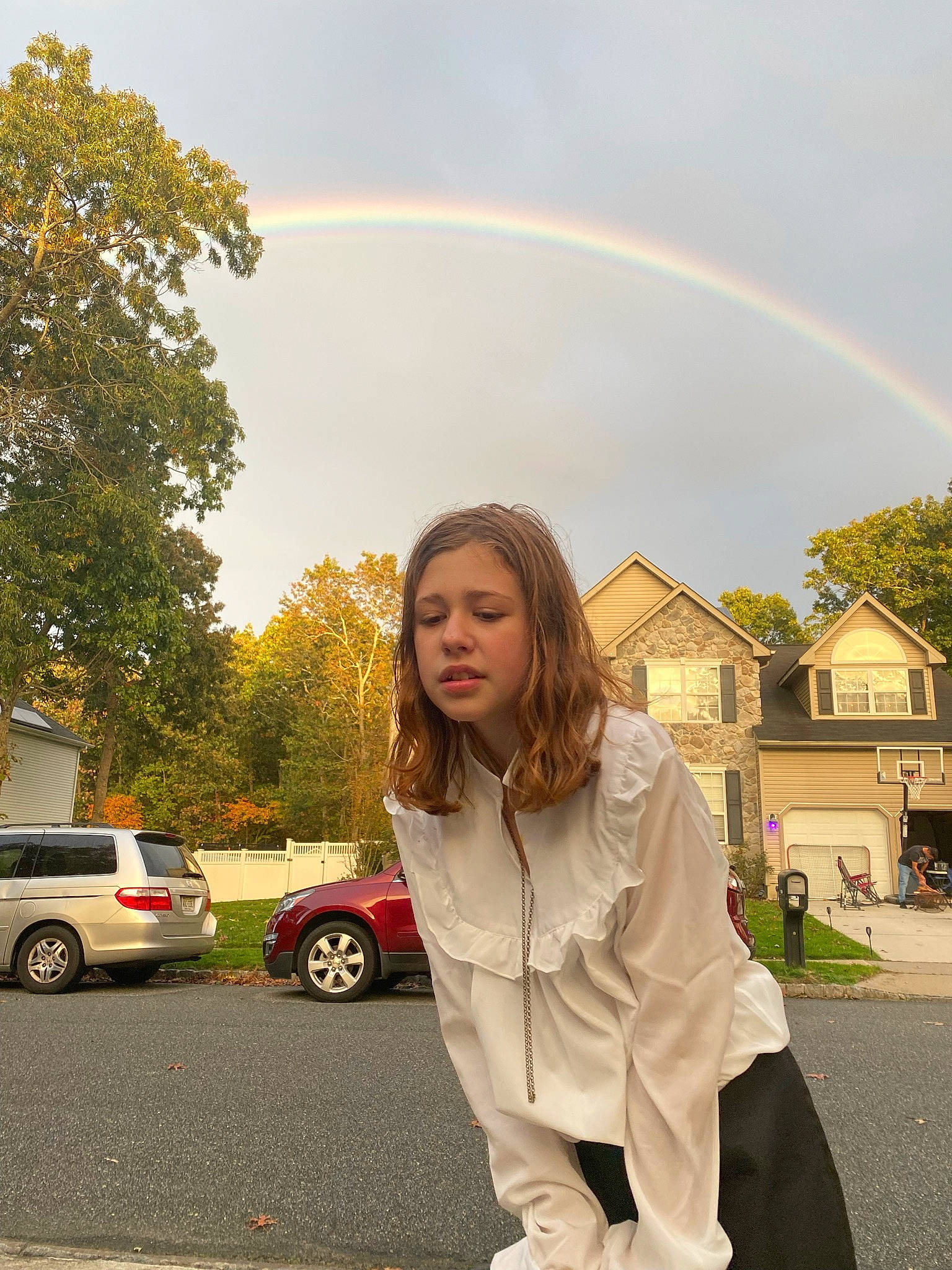Elise joined the competition — help win amazing prizes! automotive_lighting, blazer, car, cloud, grass, jacket, light, morning, person, personal_luxury_car, plant, rainbow, sky, street_fashion, tire, tree, trench_coat, vehicle, waist, wheel