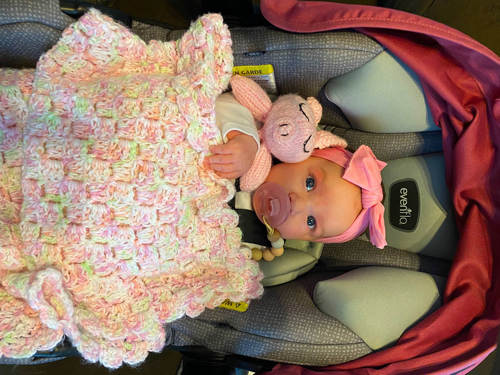 Avery is registered to the contest to win money with this photo: baby, baby_carriage, baby_products, baby_sleeping, baby_toddler_clothing, car_seat, cheek, child, comfort, doll, lap, linens, pattern, peach, person, pink, plush, product, stuffed_toy, textile