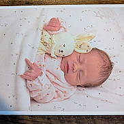 Louise a rejoint le concours — aidez-le/la à gagner de superbes lots ! newborn, baby, sleeping, blanket, plush_toy, bunny, soft_toy, infant, bed, cute, peaceful, cozy, pink_clothing, wooden_surface, wrapped, face, head, resting, portrait, baby_girl