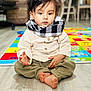 Veer is registered to the contest to win money with this photo: baby, barefoot, buttoned_shirt, casual_clothing, child, colorful_background, cross_legged, curly_hair, cute, expression, floor, indoor, playmat, portrait, scarf, sitting, soft_lighting, toddler, wooden_floor, young_child