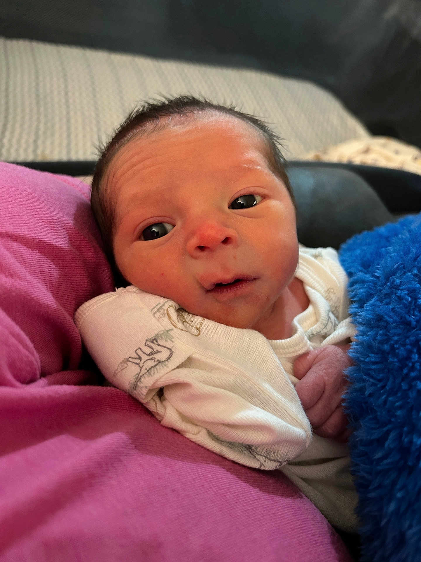 Matteo is registered to the contest to win money with this photo: newborn, baby, infant, face, eyes, pillow, blanket, blue_blanket, pink_pillow, onesie, hand, closeup, portrait, skin, cozy, sofa, couch, wrinkles, curious, resting