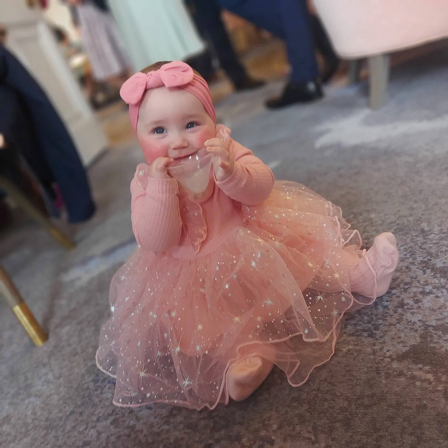 Cara joined the competition — help win amazing prizes! art, bridal_accessory, chair, doll, dress, embellishment, fashion_accessory, fashion_design, flooring, gown, happy, hat, headgear, headpiece, headwear, peach, person, pink, toddler, toy