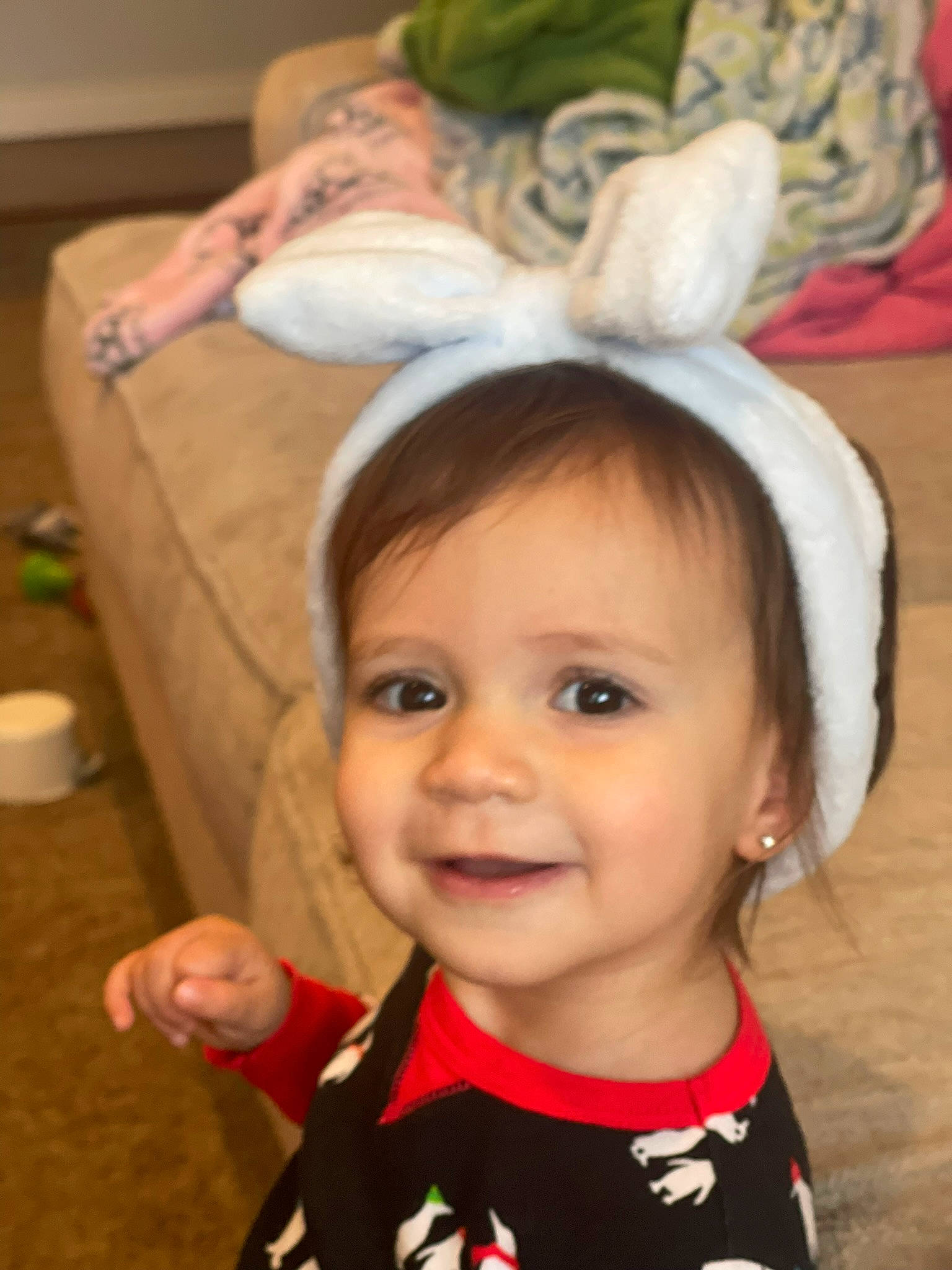 Maeve is registered to the contest to win money with this photo: baby, baby_toddler_clothing, cheek, child, chin, costume_hat, ear, eye, eyebrow, eyelash, happy, headgear, human_body, iris, joy, lip, nose, organ, person, skin