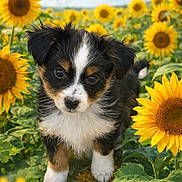 Leo is registered to the contest to win money with this photo: close_up, clouds, dog, eyes, field, flora, fur, greenery, leaf, nature, nose, outdoor, paws, pet, portrait, puppy, sky, summer, sunflower, tricolor